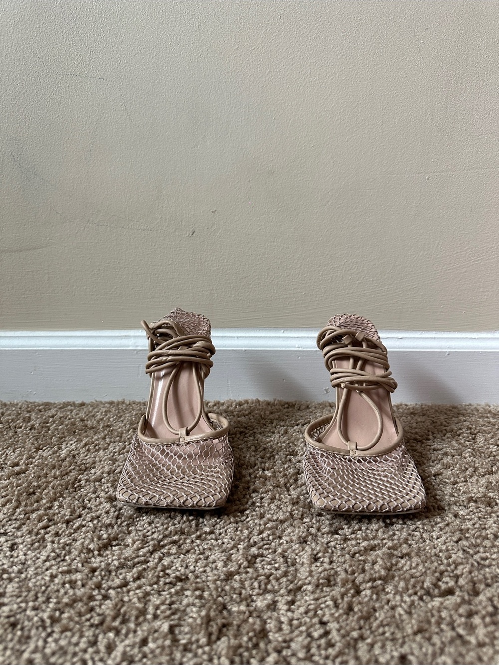 Nude Mesh Lace Up Heels
